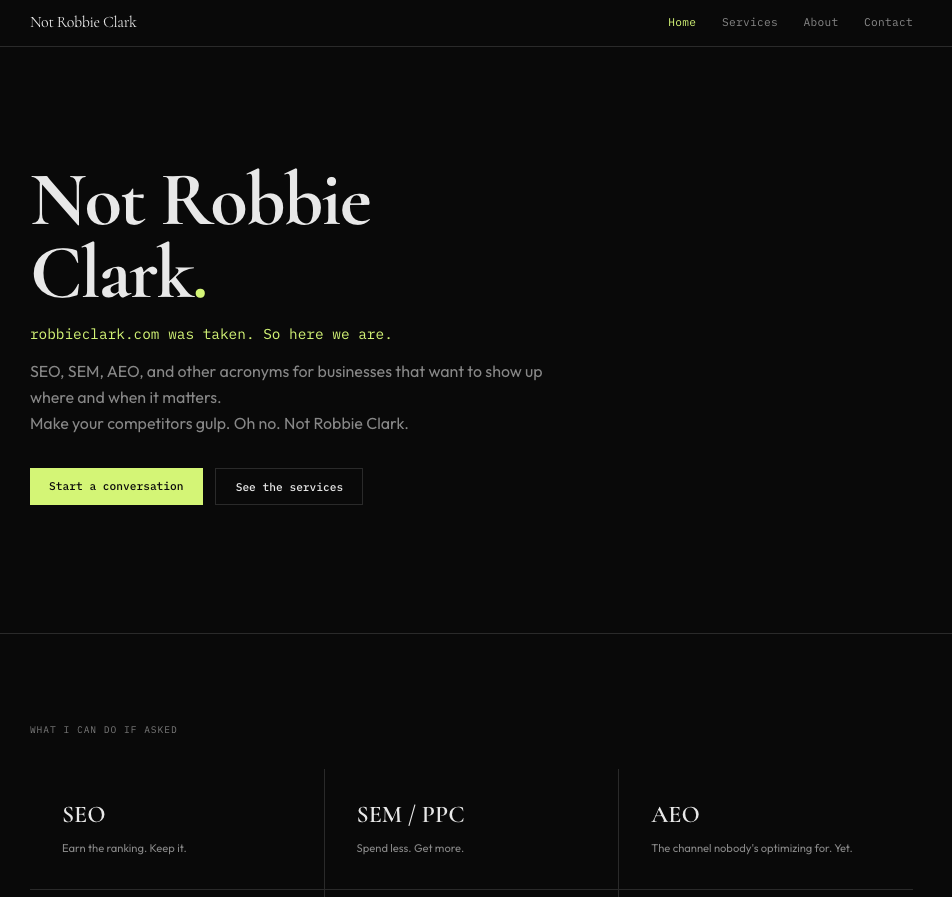 Homepage of notrobbieclark.com — designed and built by Robbie Clark.