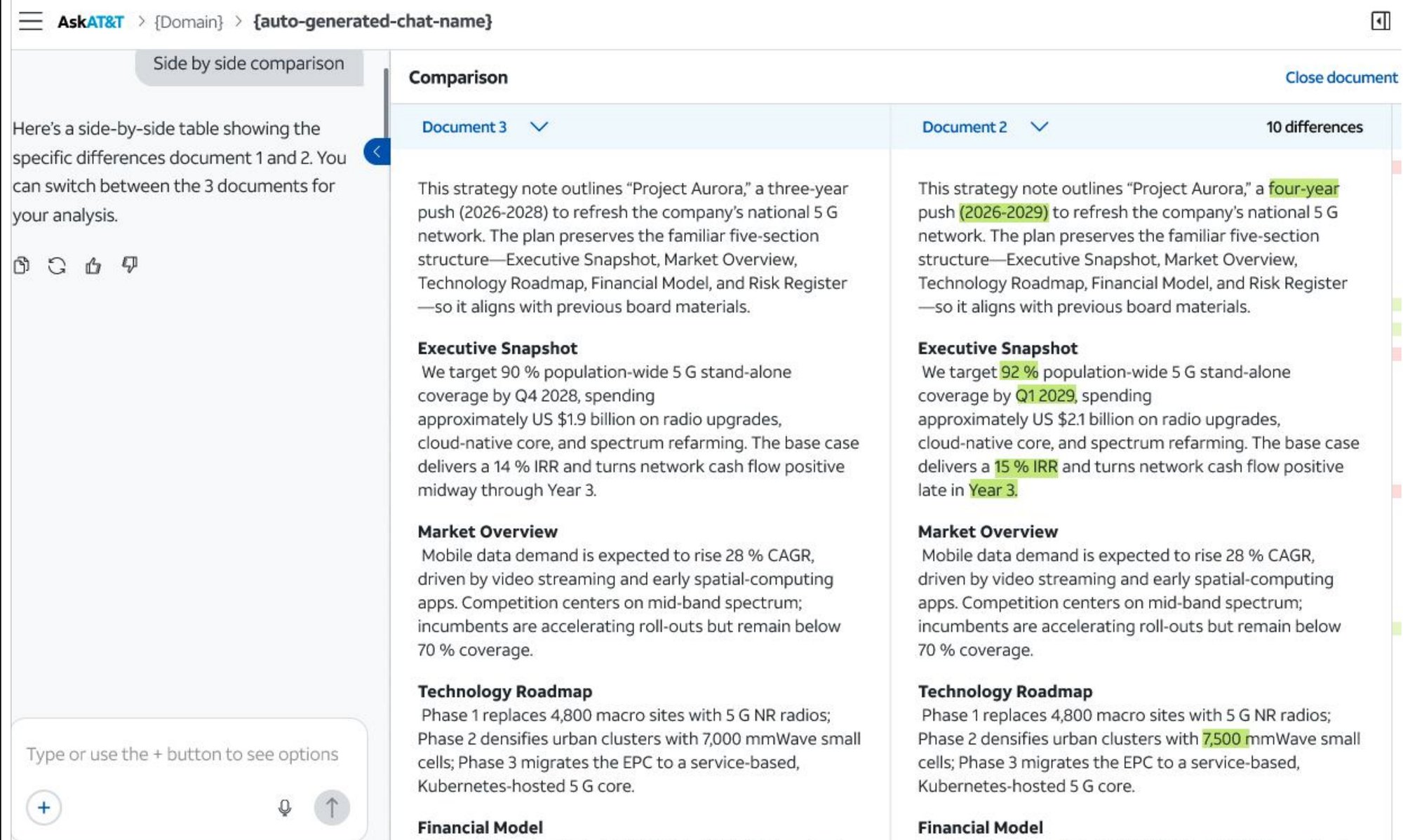 Side-by-side document comparison view showing Document 3 and Document 2 with differences highlighted in green.