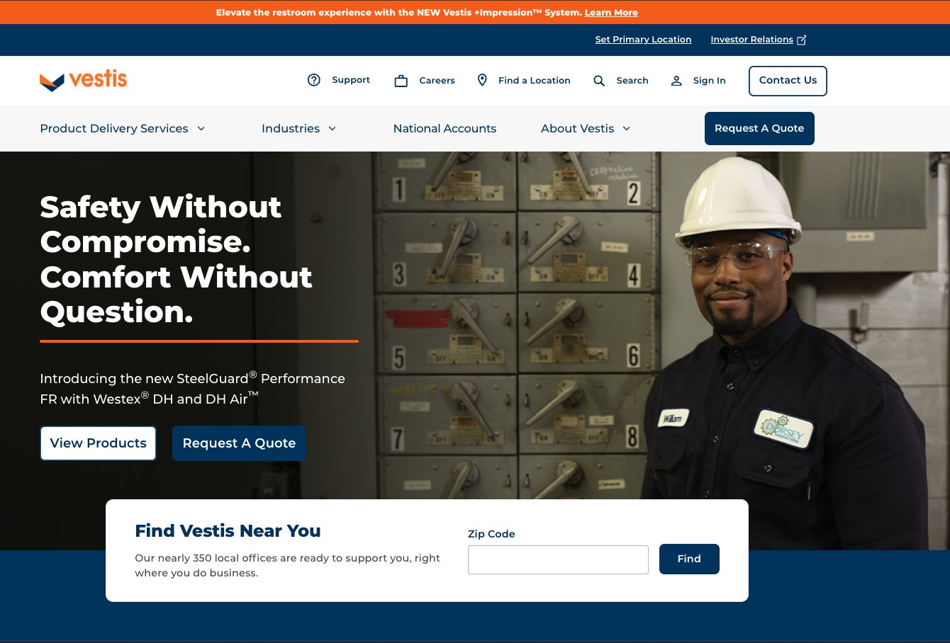 Vestis homepage: navigation with Product Delivery Services, Industries, National Accounts and About Vestis, a hero image of a worker in flame-resistant workwear, and a Find Vestis Near You zip code search.