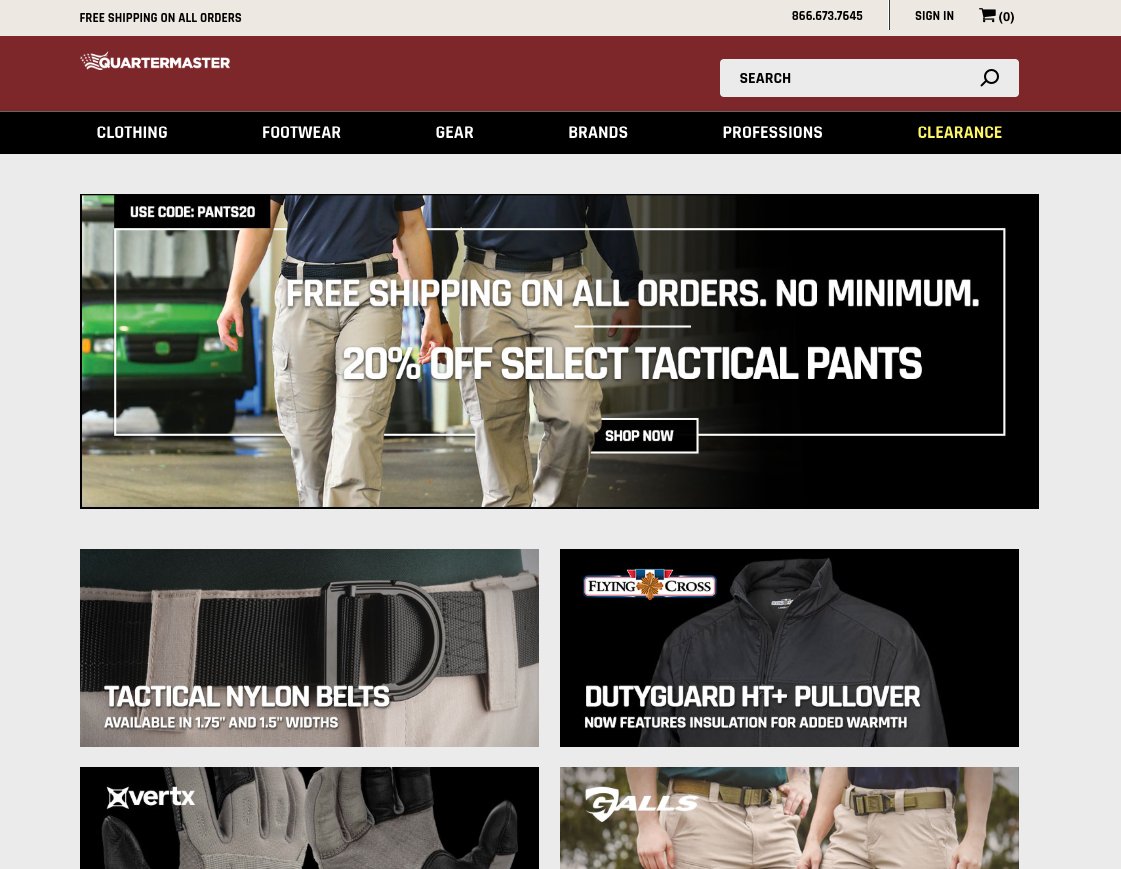The old Quartermaster homepage: a maroon header with the Quartermaster logo, a navigation bar reading Clothing, Footwear, Gear, Brands, Professions and Clearance, and a hero banner for free shipping and 20% off select tactical pants.