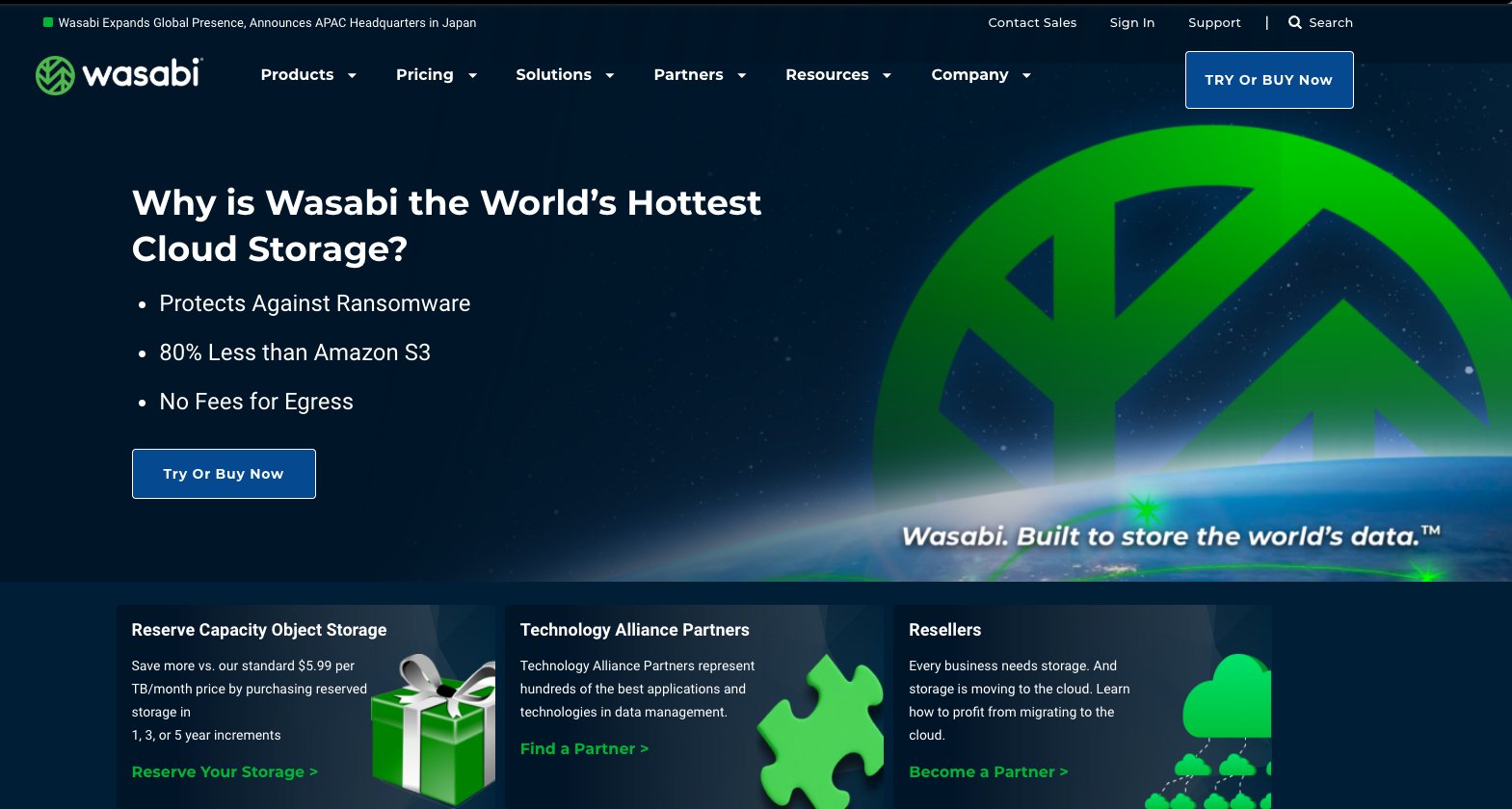The old Wasabi homepage: dark navy background, a large green logo graphic over an image of Earth, the headline “Why is Wasabi the World’s Hottest Cloud Storage?” and three bullet points.